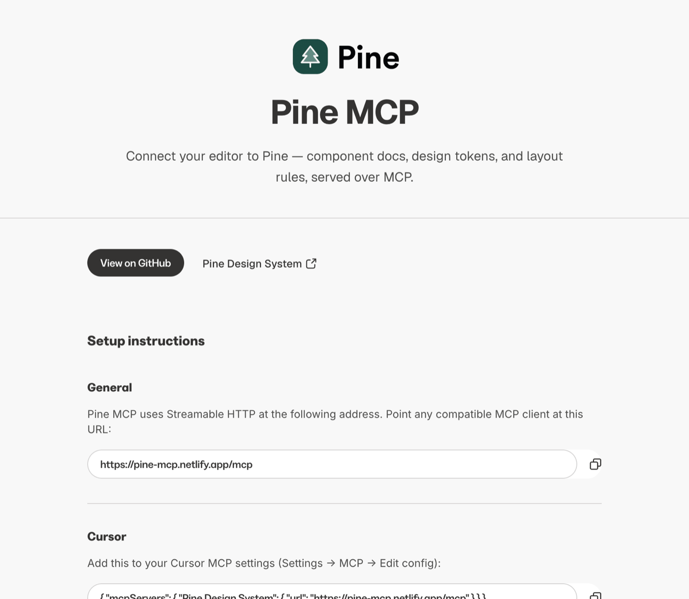 Pine MCP setup page